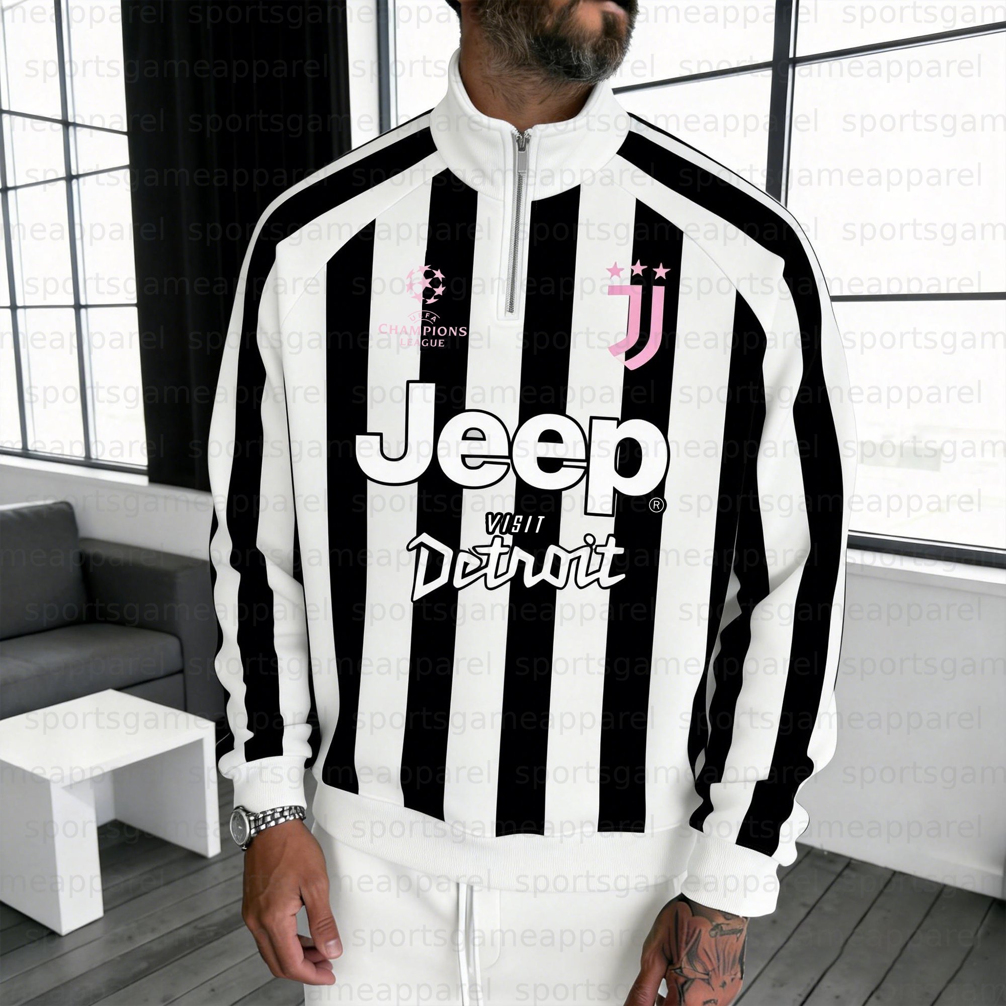 Unisex "Juventus" Graphic Streetwear Vintage Stand-up Collar Raglan Half-zip Sweatshirt