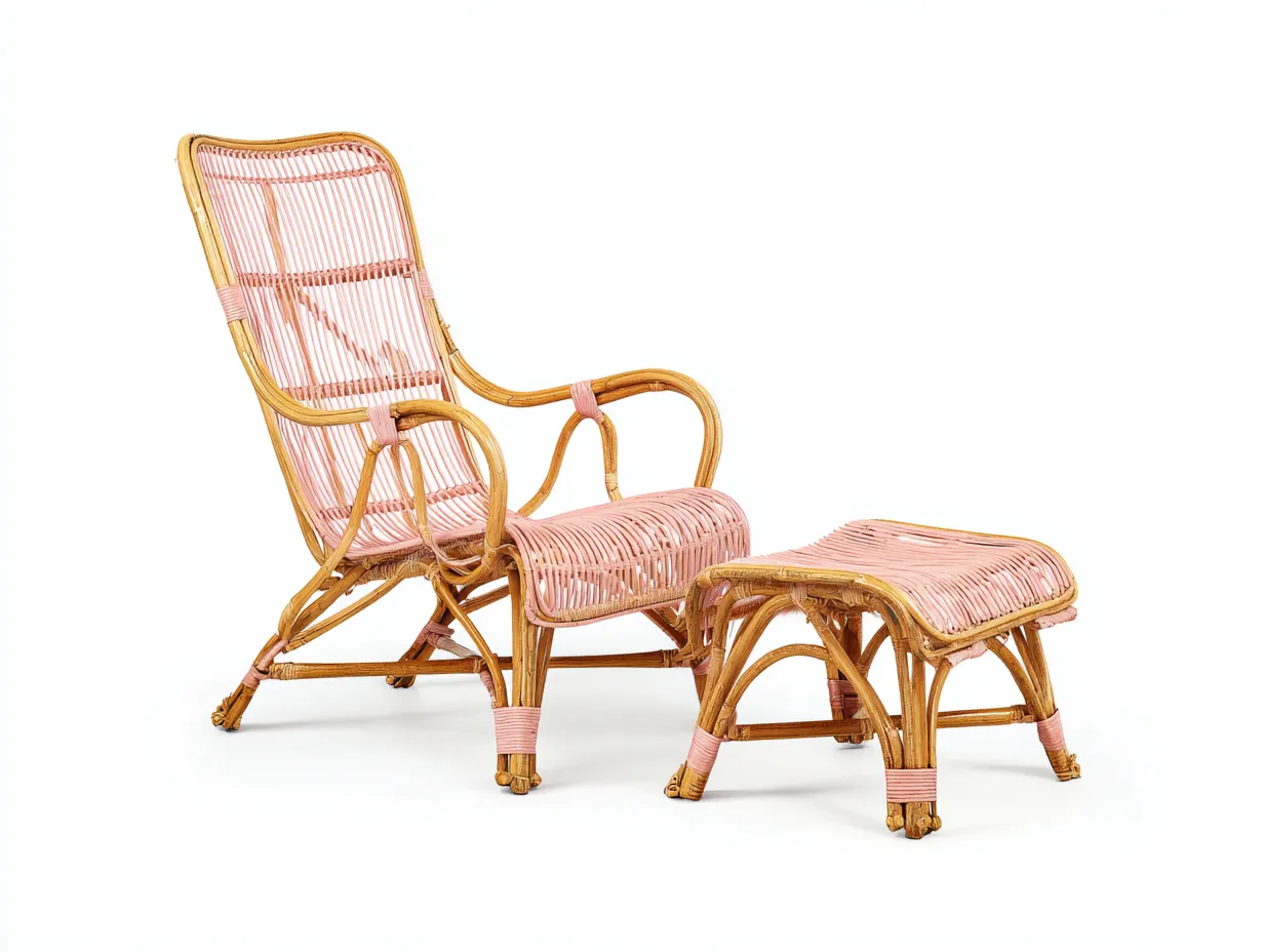 Set poltrona con poggiapiedi - rattan - poltrona 70x78x100 cm - rosa/naturale - per soggiorno - design artigianale-Shelterno