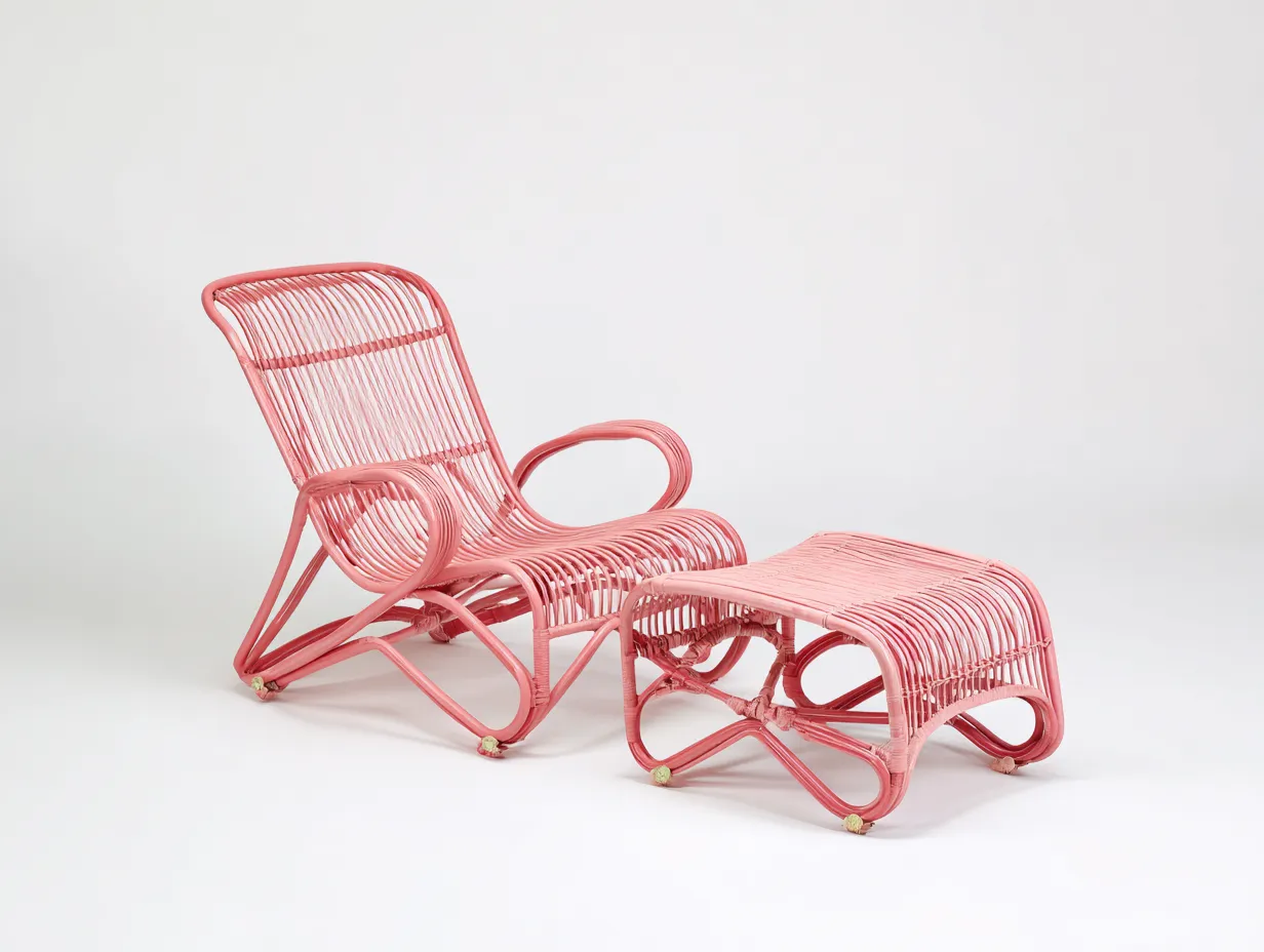 Set poltrona con poggiapiedi in rattan - poltrona 75x60x95 cm - rosa - per salotto - design leggero-Shelterno