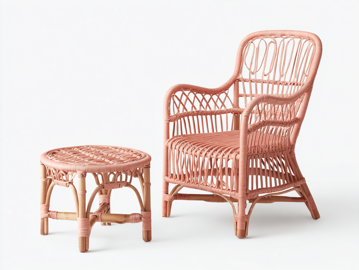 Set poltrona con poggiapiedi in rattan - poltrona 68x63x94 cm - rosa/naturale - per salotto - design intrecciato-Shelterno