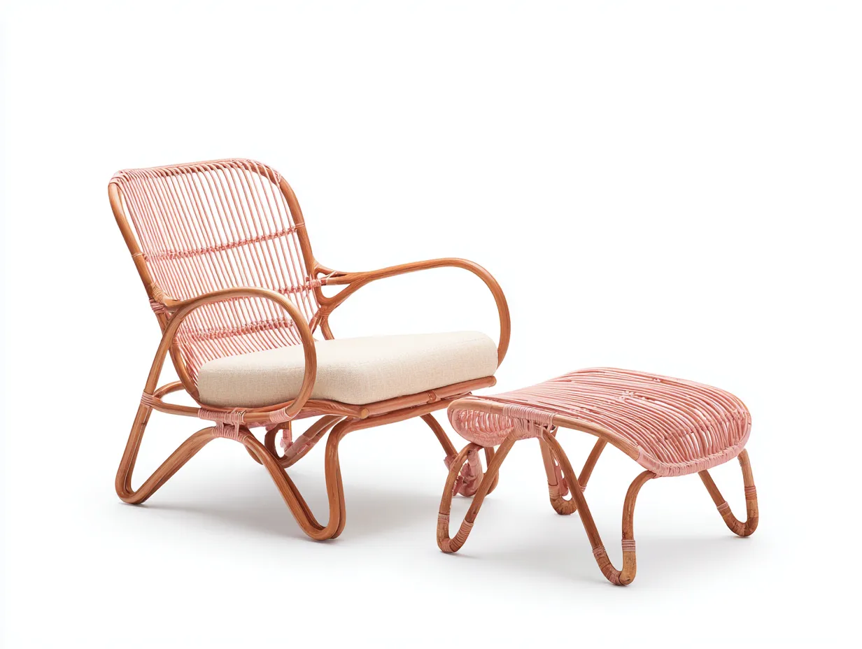 Set poltrona con poggiapiedi in rattan - poltrona 68x63x90 cm - rosa/naturale/beige - per salotto - design intrecciato-Shelterno