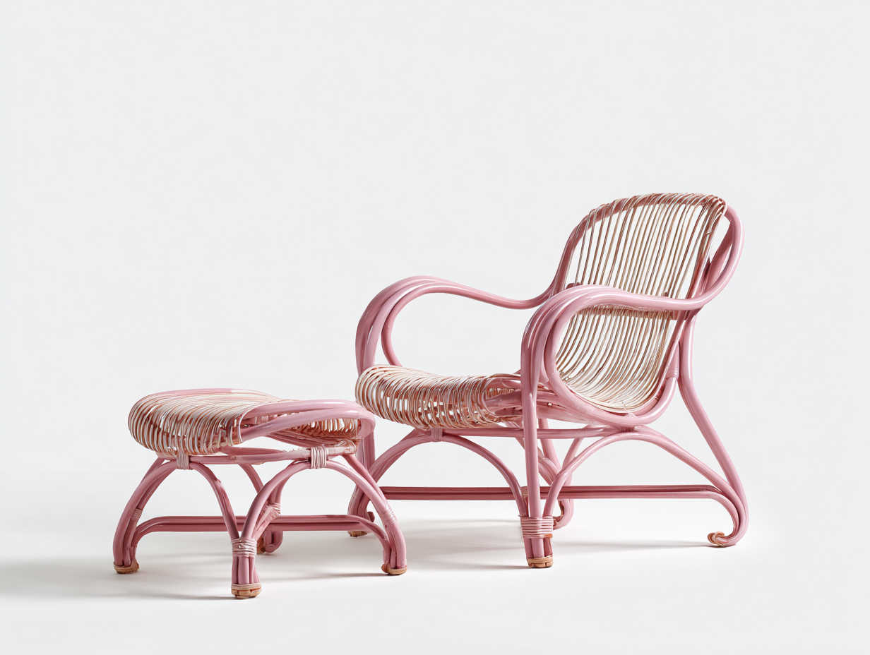 Set poltrona con poggiapiedi in rattan - poltrona 75x70x85 cm - rosa/naturale - per soggiorno - design leggero-Shelterno