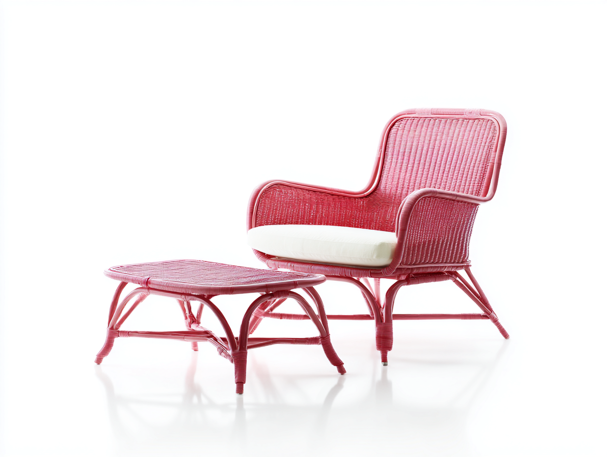 Set poltrona con poggiapiedi - rattan - poltrona 70x78x96 cm - rosa/bianco crema - per soggiorno - design artigianale-Shelterno