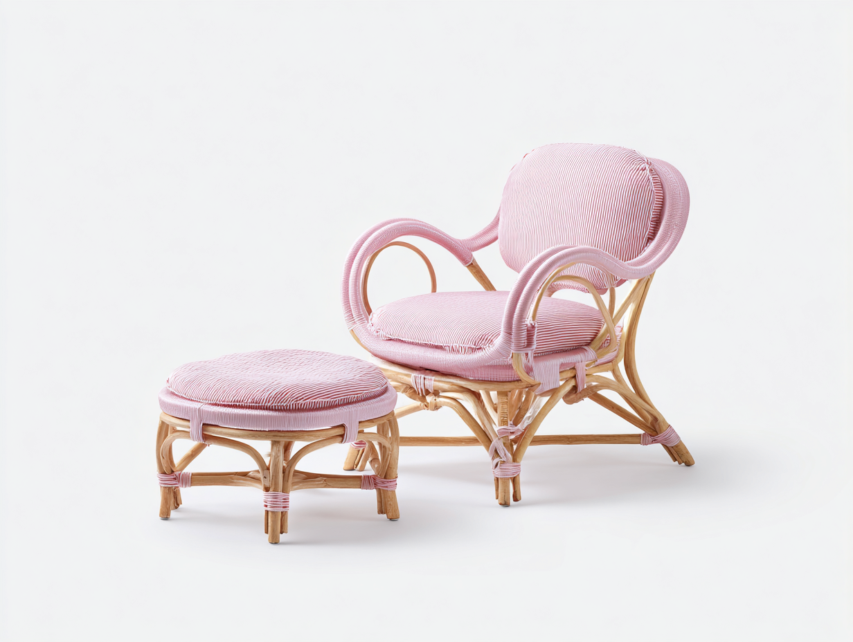 Set poltrona con poggiapiedi - rattan - poltrona 68x75x92 cm - rosa/naturale - per soggiorno - design artigianale-Shelterno
