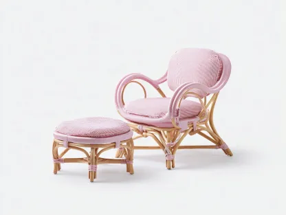 Set poltrona con poggiapiedi - rattan - poltrona 68x75x92 cm - rosa/naturale - per soggiorno - design artigianale-Shelterno