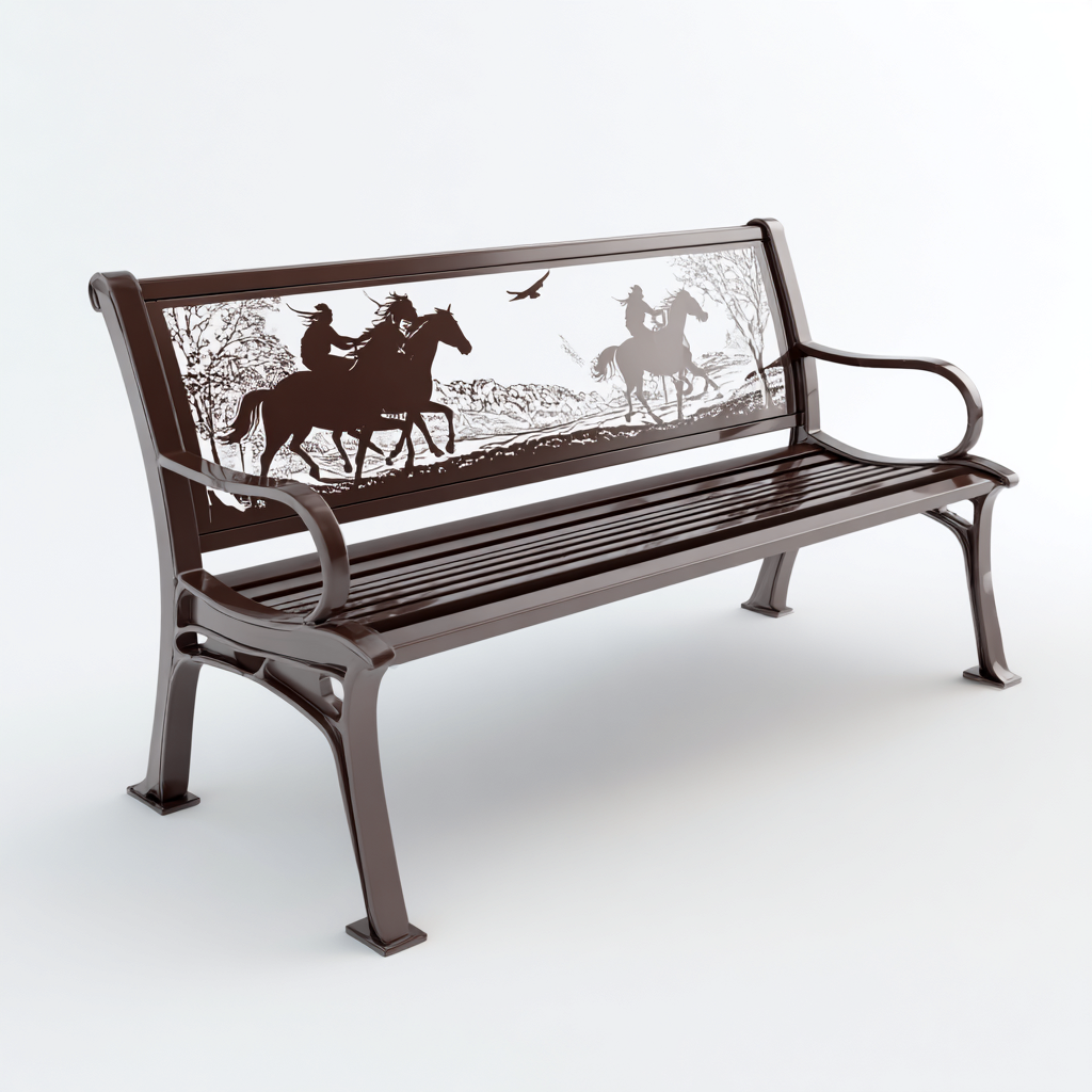 Banc De Jardin Métal 125X60X85 Cm - Marron - Dossier Décoratif Chevaux - Pour Extérieur - Style Classique-Nestlearo