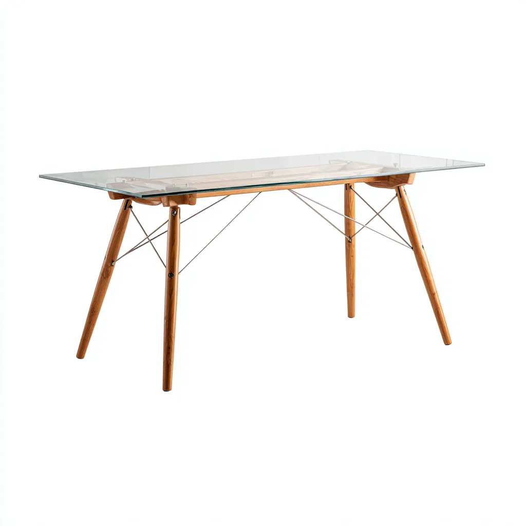 Table À Manger Plateau En Verre 150x80x75 Cm - Transparent-Bois Naturel - Adaptée À Salle À Manger - Design Moderne-Nestlearo