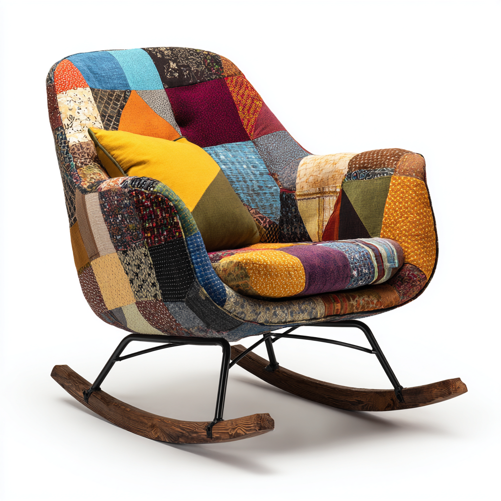 Fauteuil À Bascule Tissu Patchwork Et Bois 100X72X102 Cm - Multicolore - Salon - Style Bohème Décoratif - Chaise Berçante-Nestlearo