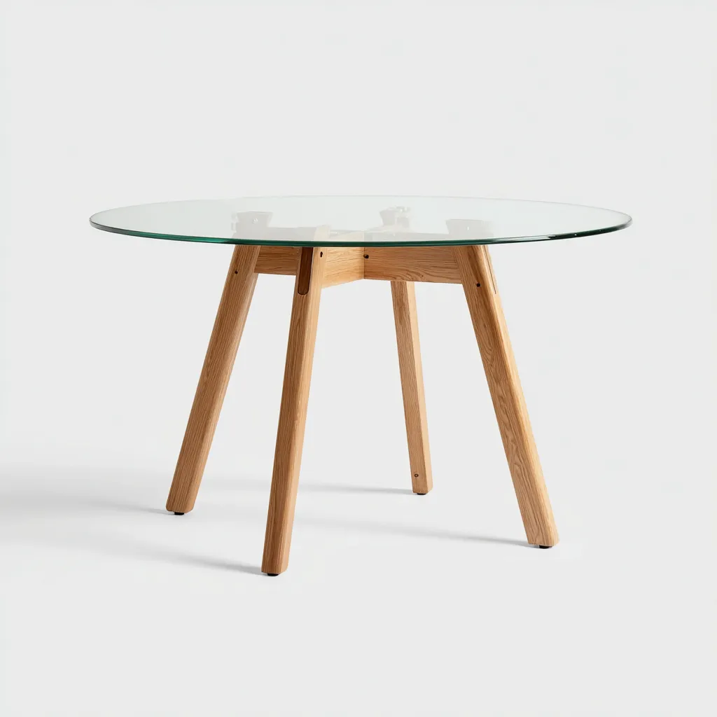 Table À Manger Plateau En Verre Pieds En Bois Massif 120x120x75 Cm - Transparent-Bois Naturel - Adaptée À Salle À Manger - Design Moderne-Nestlearo