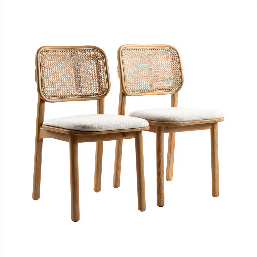 Chaise De Salle À Manger - Bois-Rotin-Tissu - 49X52X82 Cm - Beige-Bois Naturel - Adaptée À La Salle À Manger - Design Naturel-Nestlearo