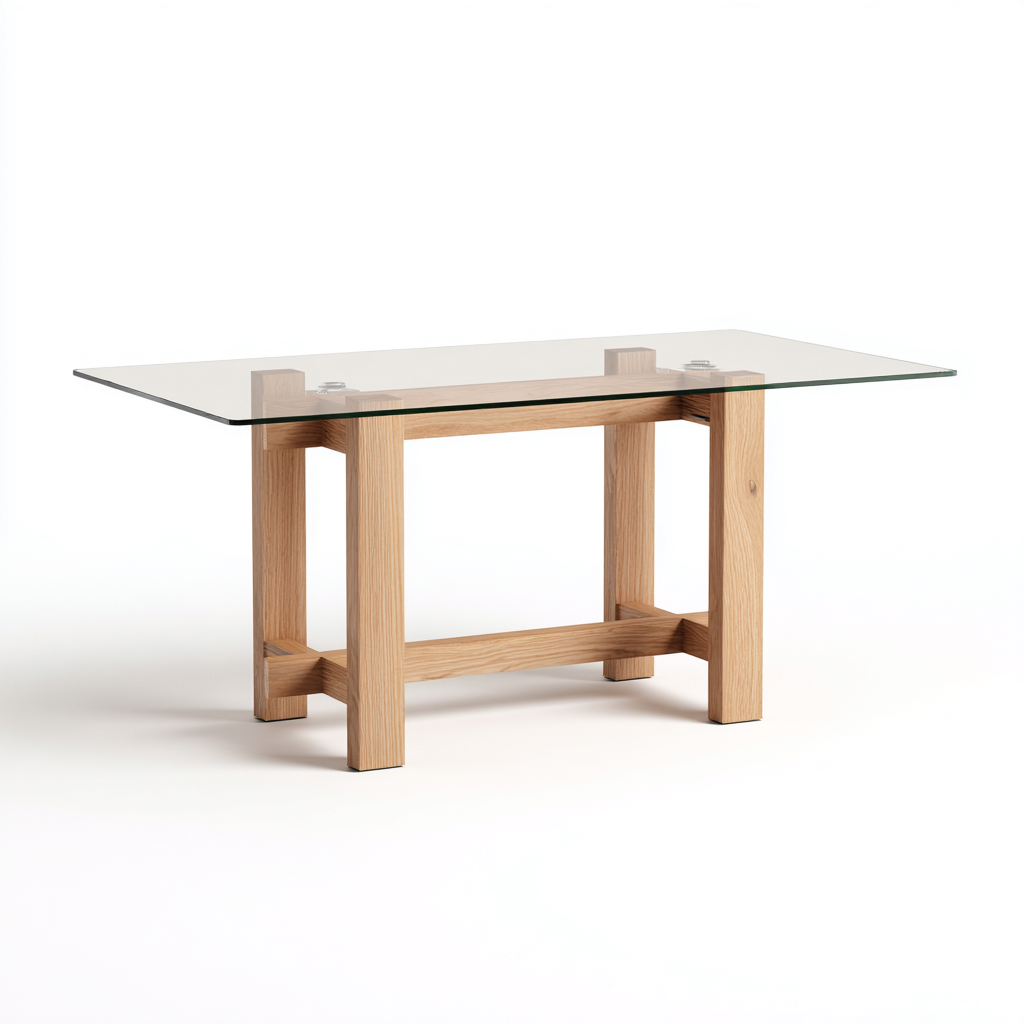 Table À Manger Plateau En Verre 140x70x75 Cm - Transparent-Bois Naturel - Adaptée À Salle À Manger - Design Moderne-Nestlearo