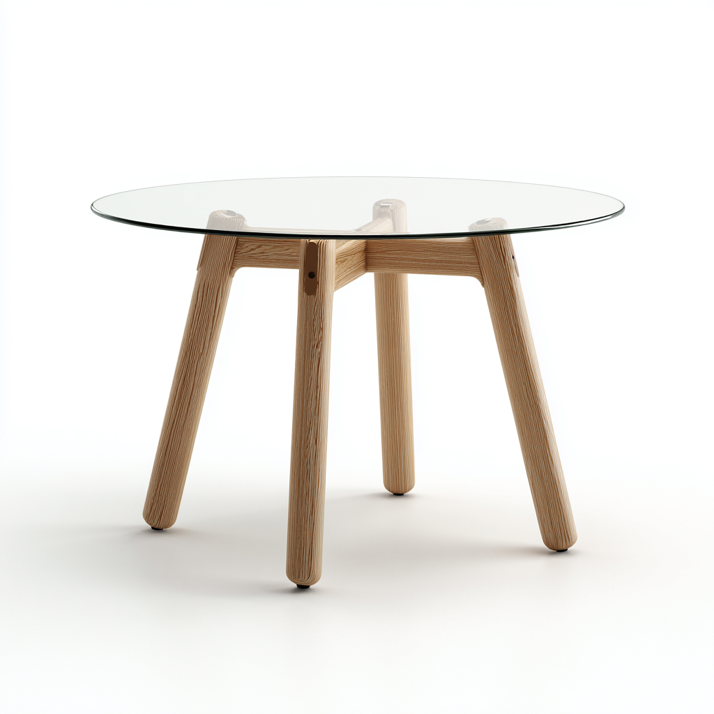 Table À Manger Plateau En Verre Pieds En Bois Massif 110x110x75 Cm - Transparent-Bois Naturel - Adaptée À Salle À Manger - Design Moderne-Nestlearo