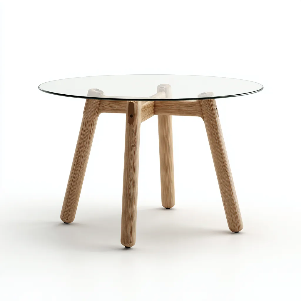 Table À Manger Plateau En Verre Pieds En Bois Massif 110x110x75 Cm - Transparent-Bois Naturel - Adaptée À Salle À Manger - Design Moderne-Nestlearo