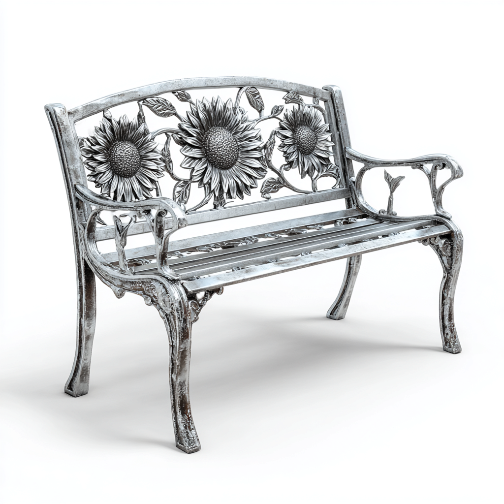 Banc De Jardin Métal 115X58X90 Cm - Argent Vieilli - Dossier Décoratif Tournesols - Pour Extérieur - Style Vintage-Nestlearo