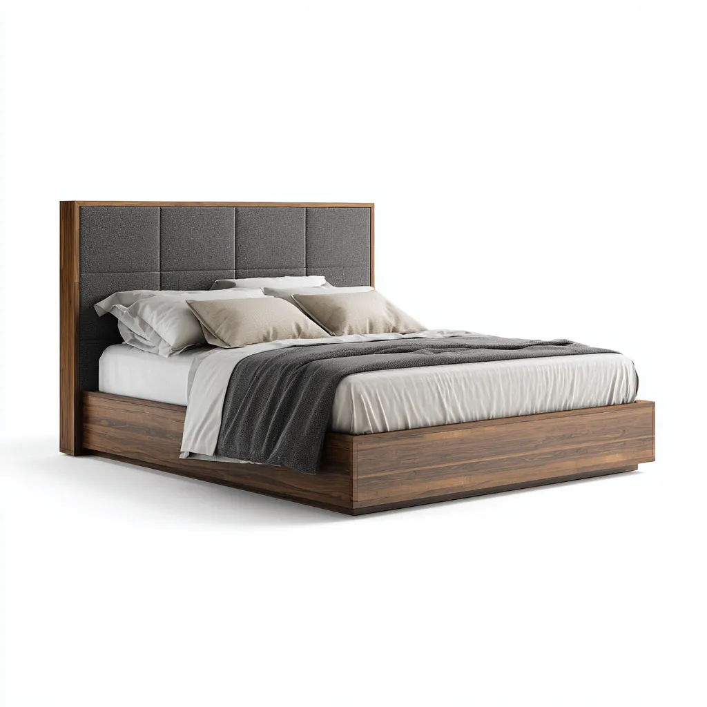 Lit Double Bois-Tissu 220X170X125 Cm - Noyer-Gris - Style Moderne-Nestlearo