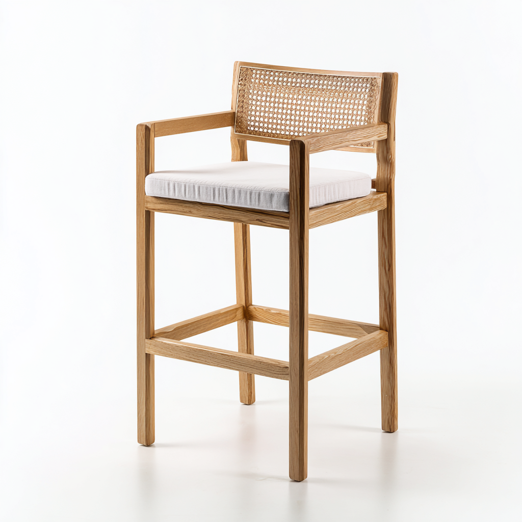 Tabouret De Bar Bois Et Rotin 45x45x95 Cm - Naturel-Blanc - Adapté À Cuisine Ou Bar - Design Moderne-Nestlearo