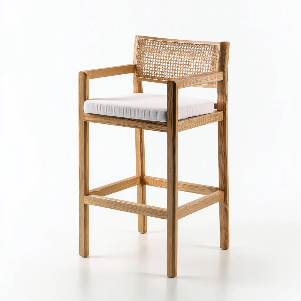 Tabouret De Bar Bois Et Rotin 45x45x95 Cm - Naturel-Blanc - Adapté À Cuisine Ou Bar - Design Moderne-Nestlearo