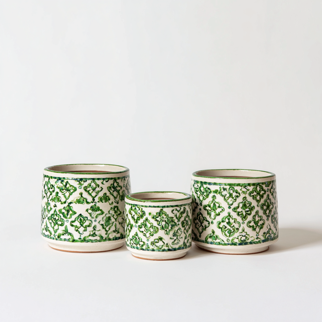 Pots Décoratifs Céramique 18X18X18 Cm - Blanc-Vert - Ensemble Pour Plantes - Style Artisanal-Nestlearo