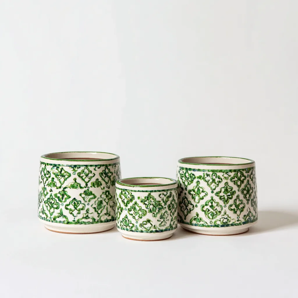 Pots Décoratifs Céramique 18X18X18 Cm - Blanc-Vert - Ensemble Pour Plantes - Style Artisanal-Nestlearo