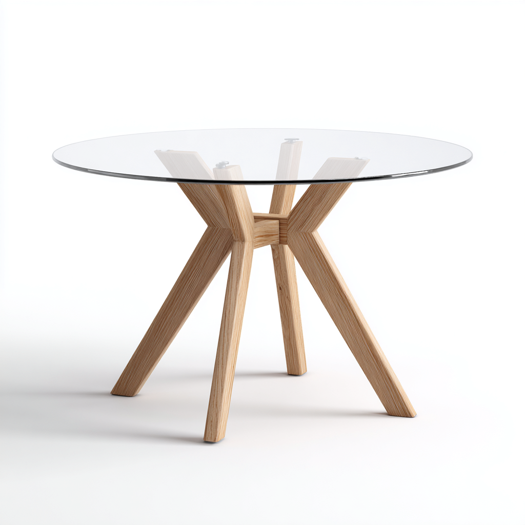 Table À Manger Plateau En Verre 110x110x75 Cm - Transparent-Bois Naturel - Adaptée À Salle À Manger - Design Moderne-Nestlearo