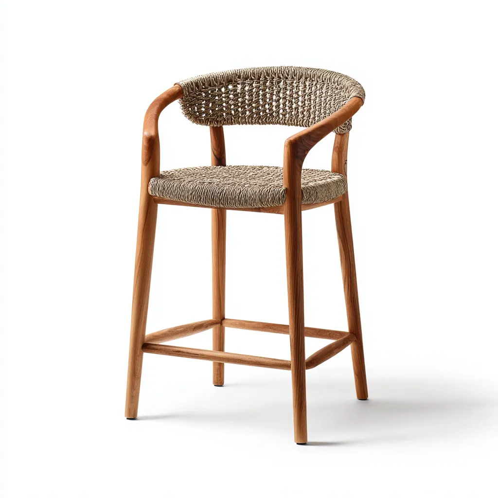 Tabouret De Bar Bois Et Assise Tressée Avec Dossier Courbé 50x50x95 Cm - Bois Naturel-Beige - Adapté À Cuisine Ou Bar - Design Nordique-Nestlearo