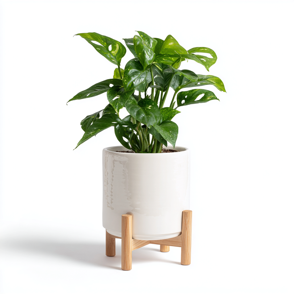 Pot Décoratif Céramique Avec Support En Bois 20X20X35 Cm - Blanc-Bois Naturel - Pour Plantes - Style Moderne-Nestlearo