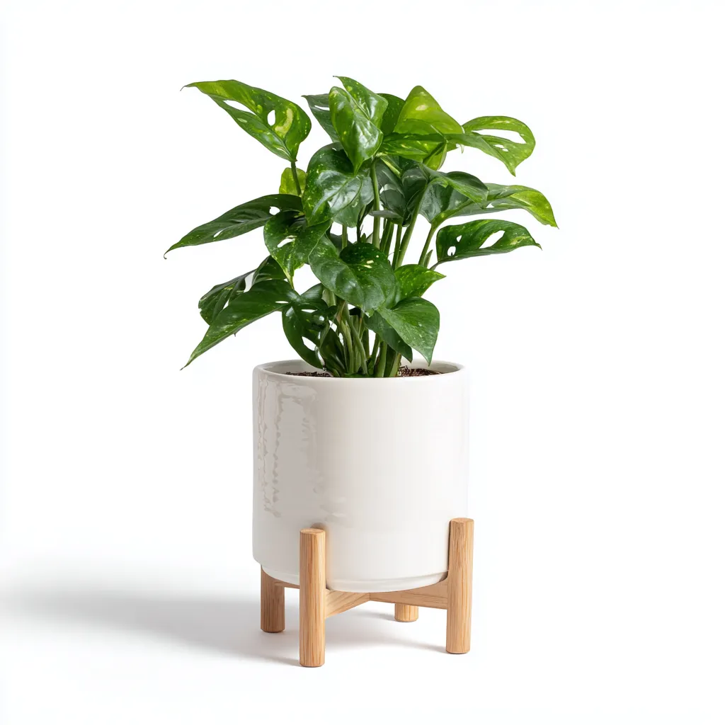 Pot Décoratif Céramique Avec Support En Bois 20X20X35 Cm - Blanc-Bois Naturel - Pour Plantes - Style Moderne-Nestlearo