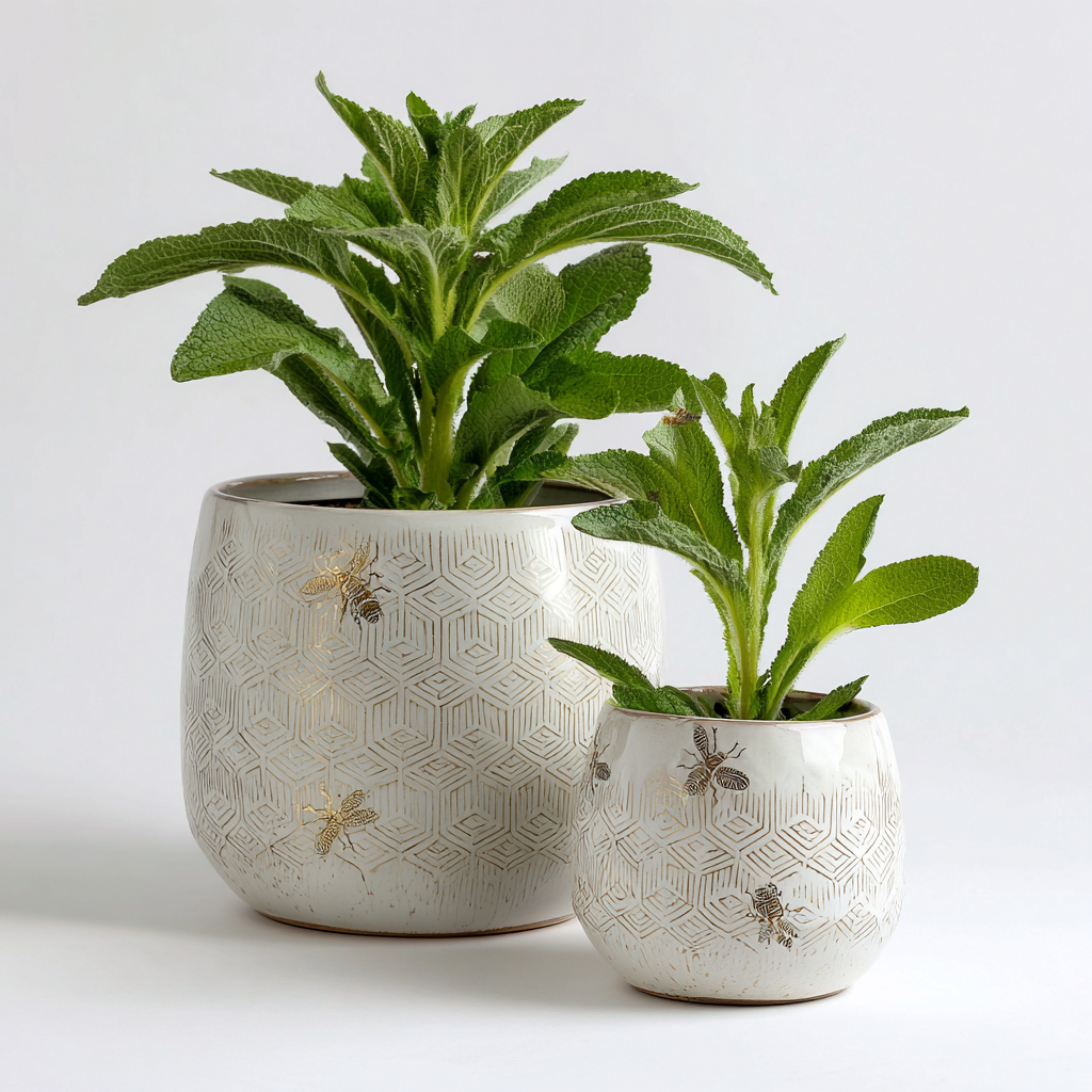 Pots Et Supports De Plantes Pots De Fleurs Céramique 18X18X20 Cm - 12X12X14 Cm - Blanc Motif Doré - Design Décoratif-Nestlearo