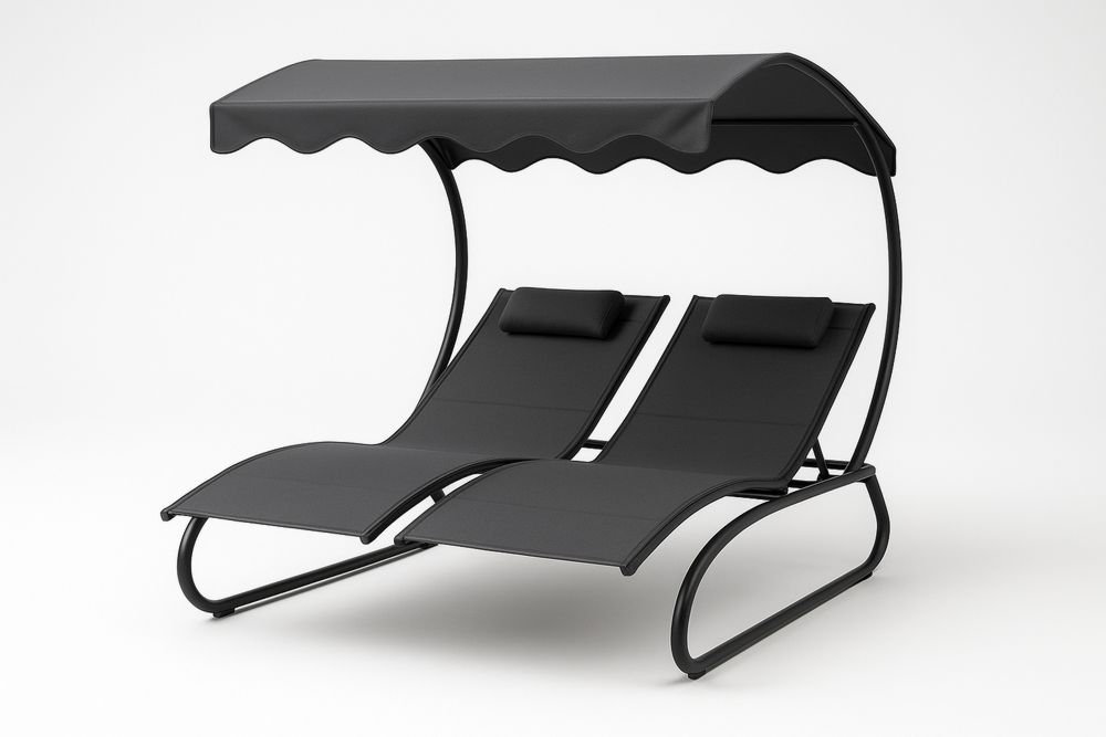 Chaise longue double d'extérieur en acier avec auvent et appuie-tête noir