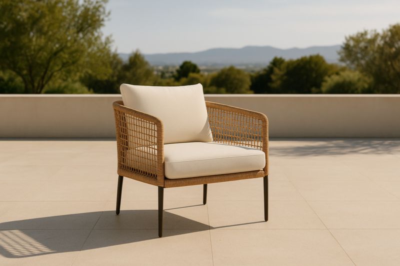 Fauteuil de Jardin en Rotin et Tissu avec Coussin Beige