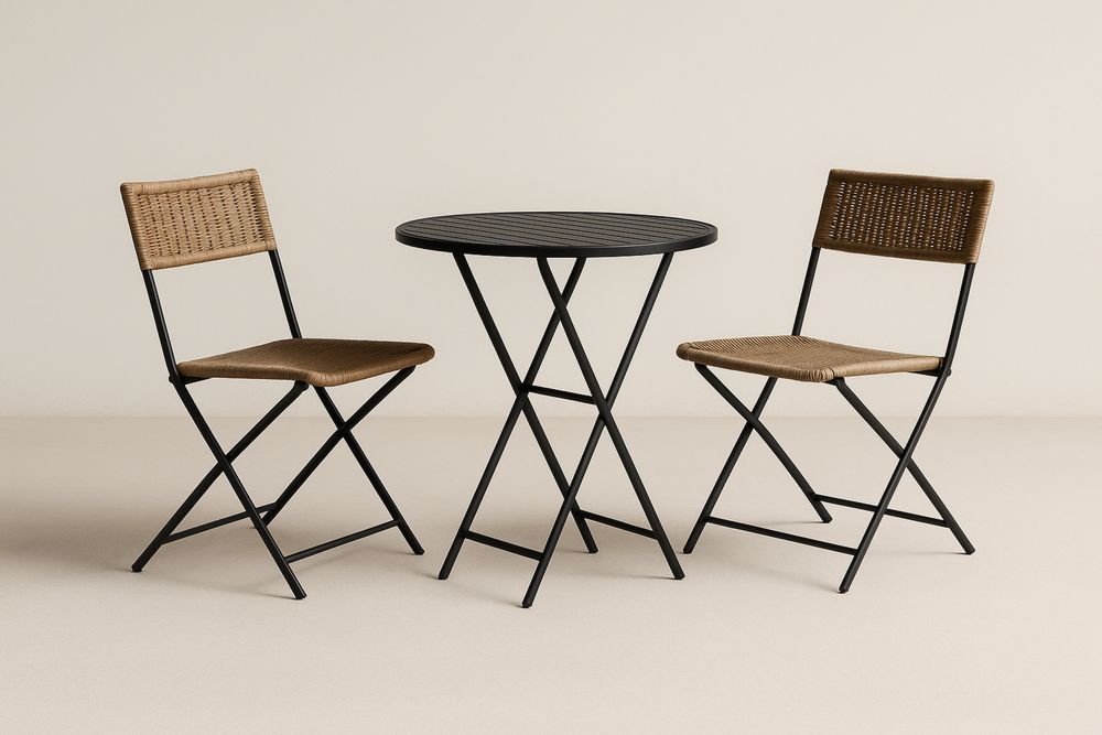 Ensemble de mobilier de jardin avec table pliante en acier et chaises en rotin, Noir/Marron