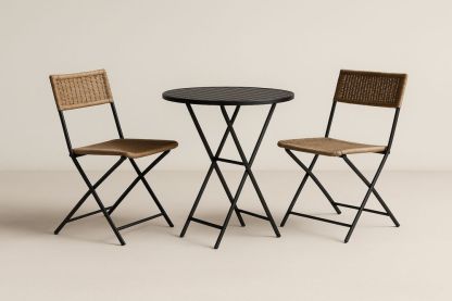 Ensemble de mobilier de jardin avec table pliante en acier et chaises en rotin, Noir/Marron
