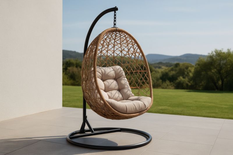 Chaise Hamac Suspendue en Rotin avec Coussin Beige et Structure Métallique