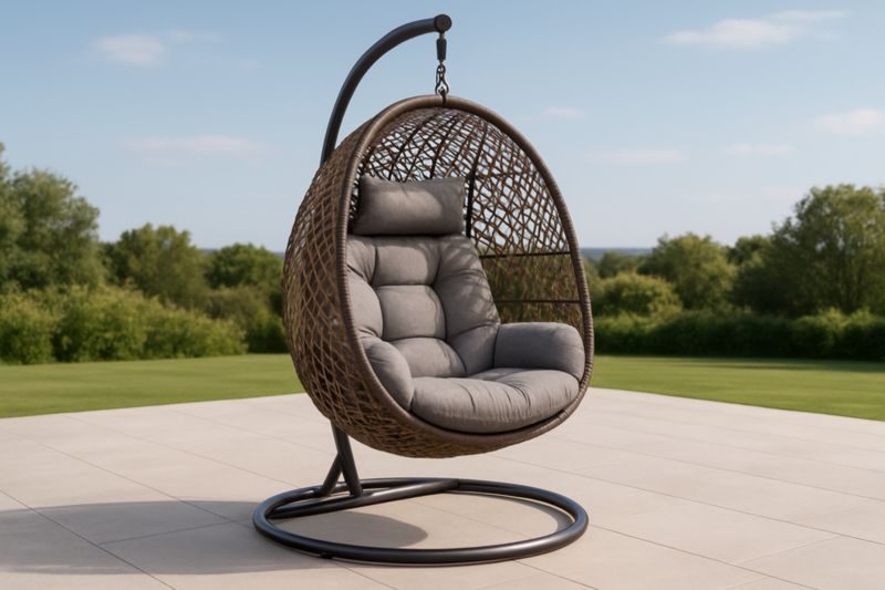 Chaise suspendue en osier résine avec coussins gris structure acier