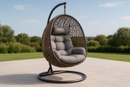 Chaise suspendue en osier résine avec coussins gris structure acier