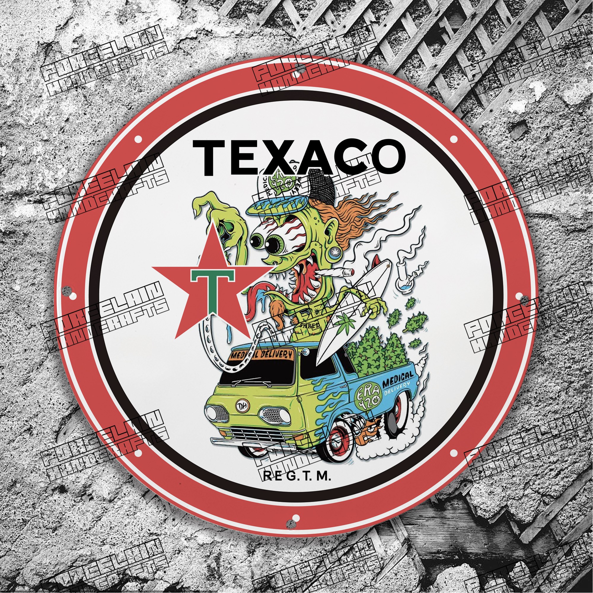 CARTOON RAT FINK TEXACO REG. T.M. PORCELAIN SIGN