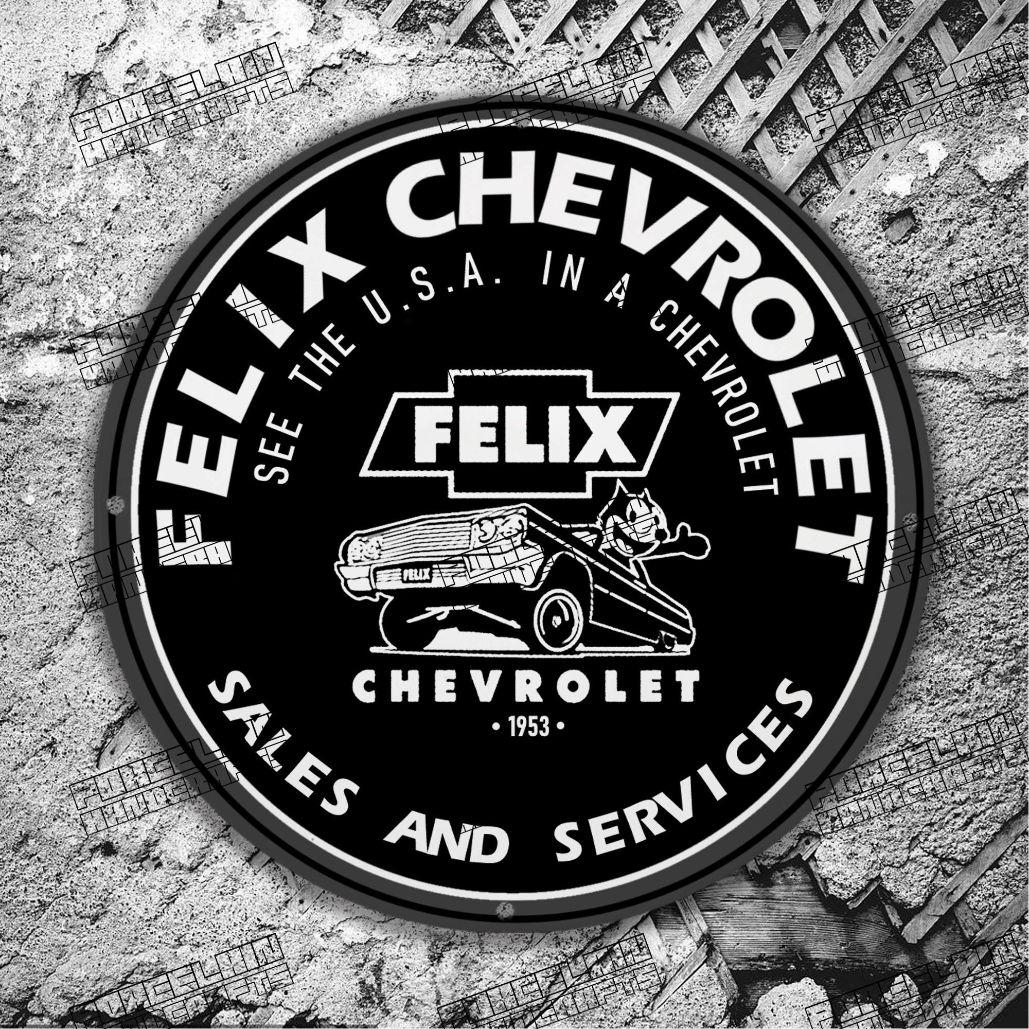CARTOON FELIX CHEVROLET 1953 BLACK CAT PORCELAIN SIGN