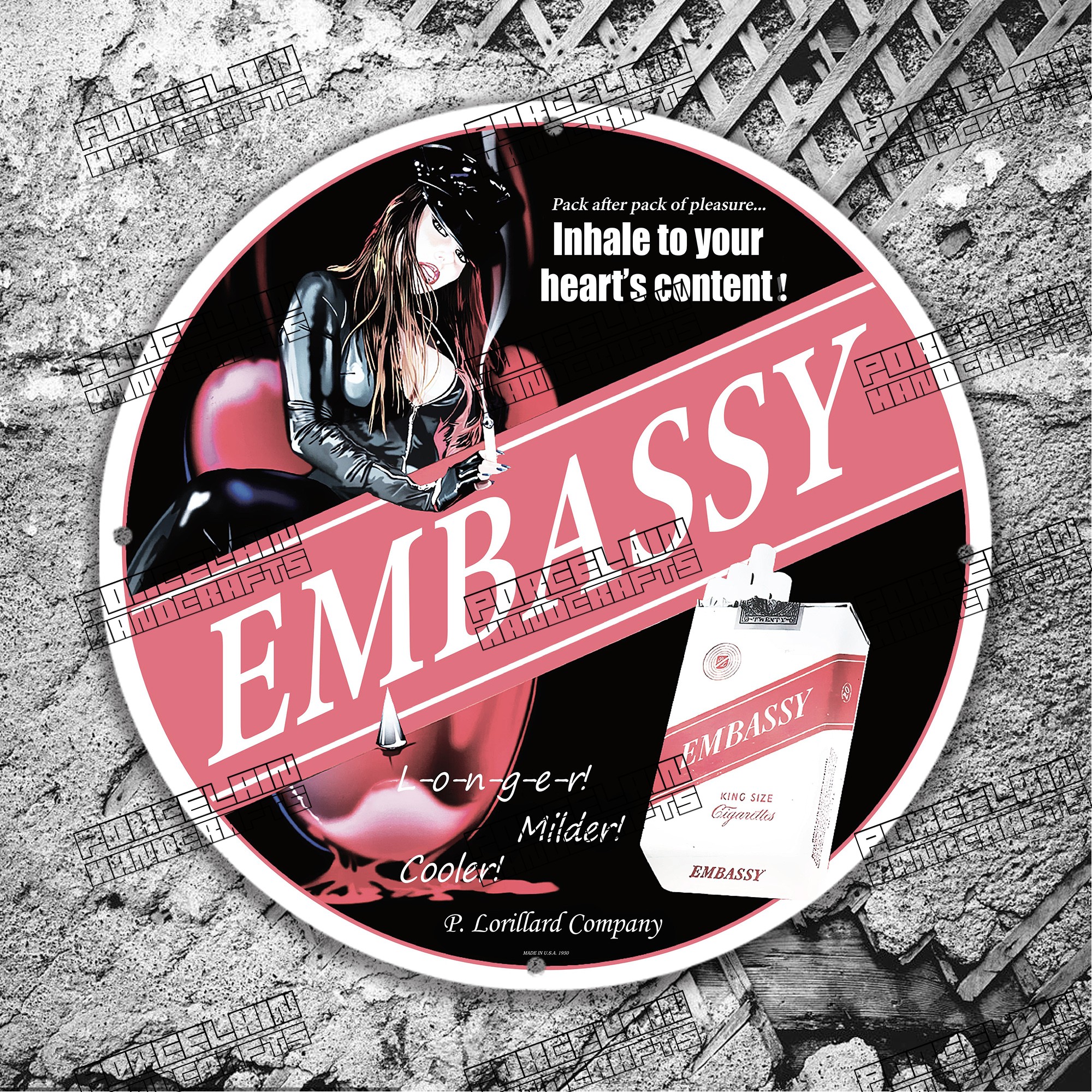 PINUP PINK RED BLACK EMBASSY PORCELAIN SIGN