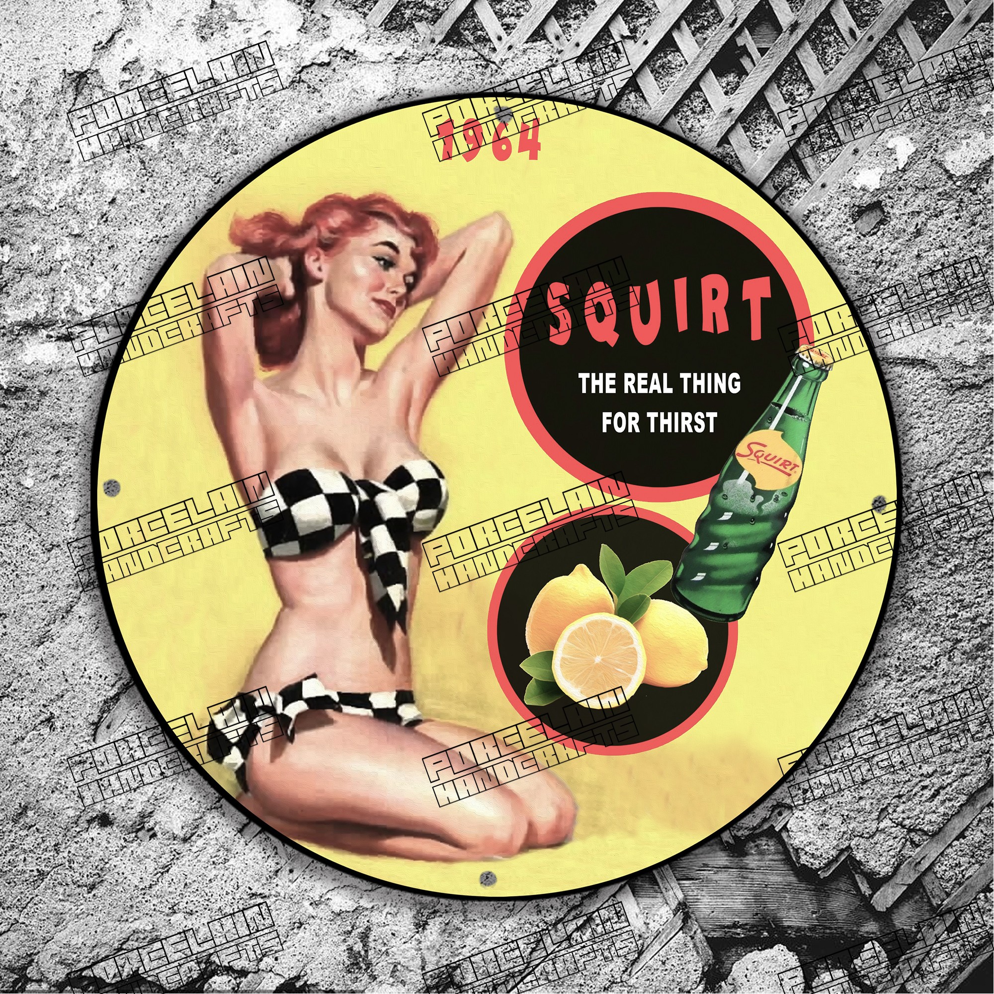 PINUP YELLOW LEMON SQUIRT 1964 PORCELAIN SIGN