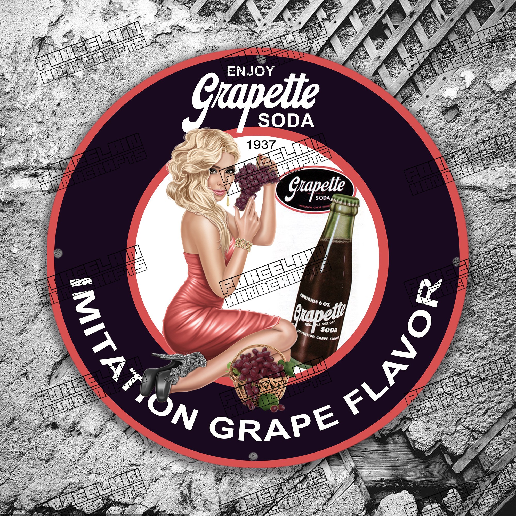 PINUP ENJOY GRAPETTE SODA 1937 6 OZ. PORCELAIN SIGN