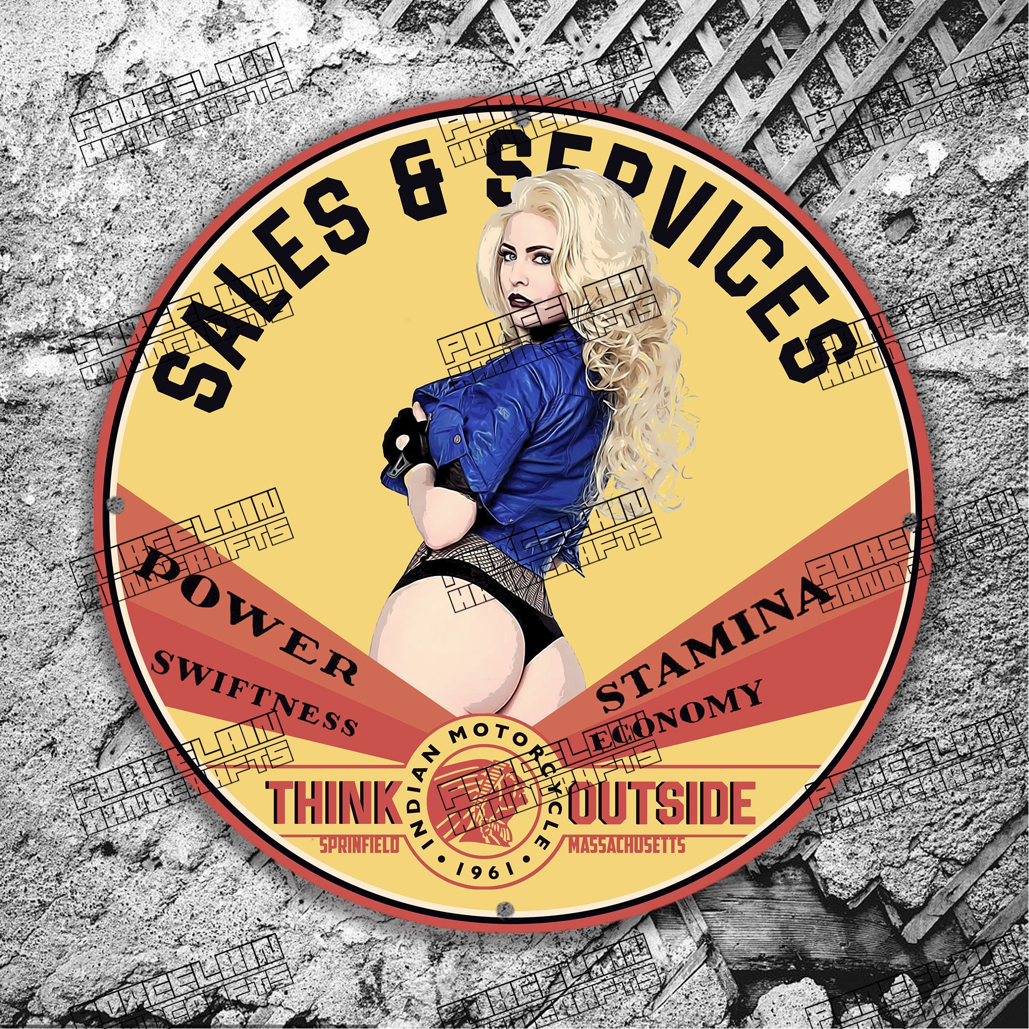 PINUP POWER INDIAN MOTORCYCLE 1961 PORCELAIN SIGN