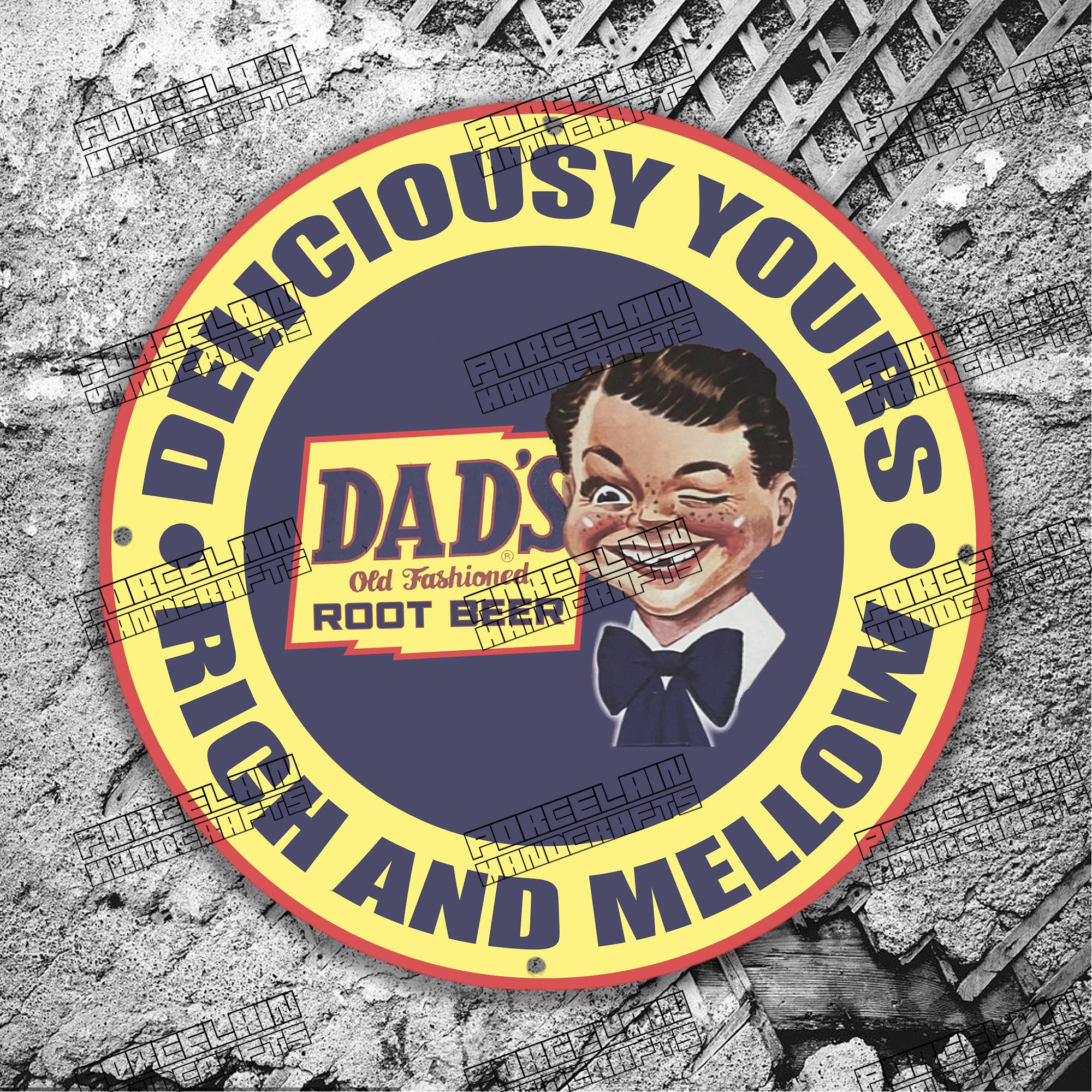 PINUP DAD'S OLD FASHIONED ROOT BEER BOY PORCELAIN SIGN
