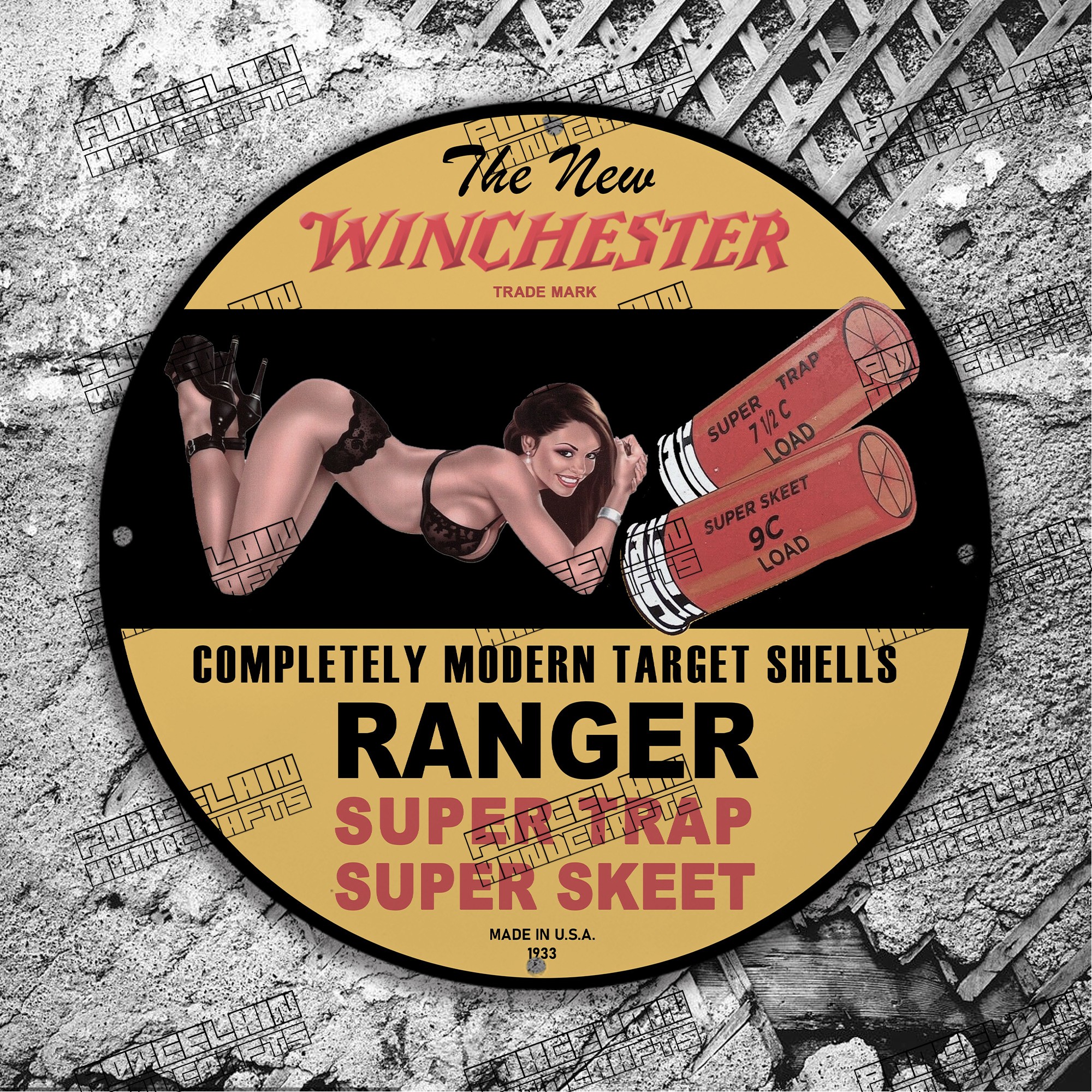 PINUP 1933 THE NEW WINCHESTER TRADE MARK PORCELAIN SIGN