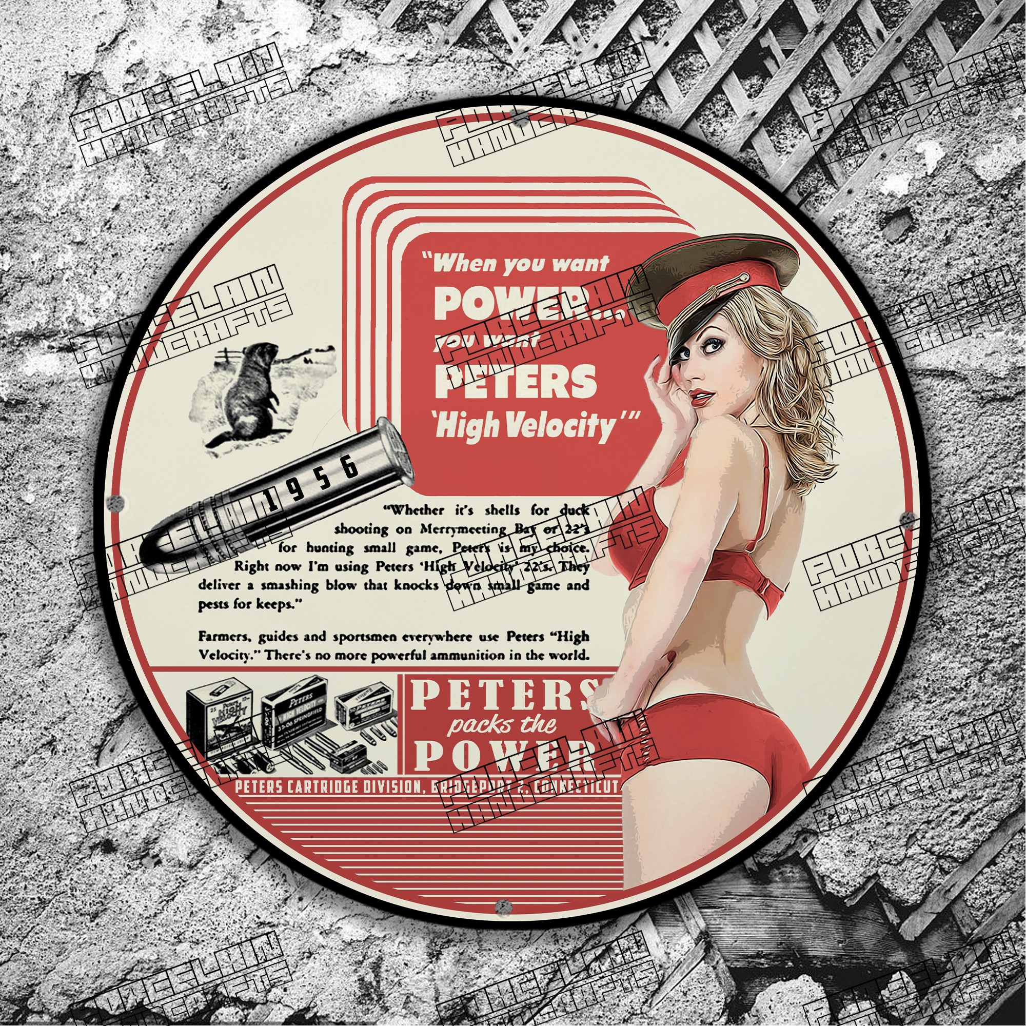 PINUP 1956 POWER YOU WANT PETERS HIGH VELOCITH PORCELAIN SIGN