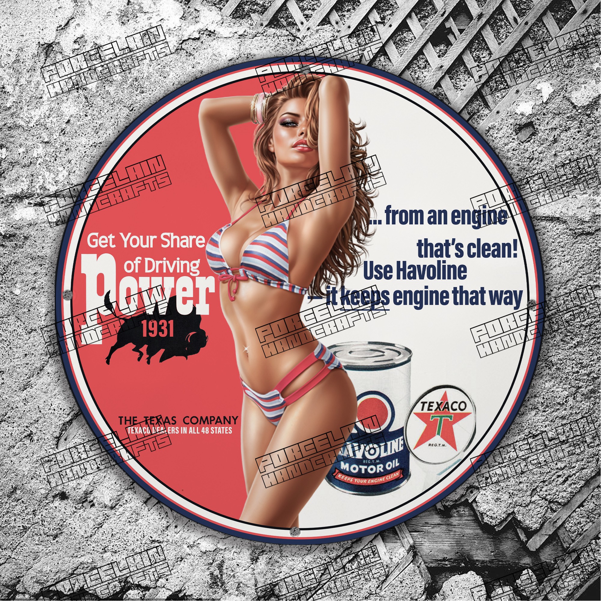 PINUP 1931 POWER TEXACO MOTOR OIL PORCELAIN SIGN