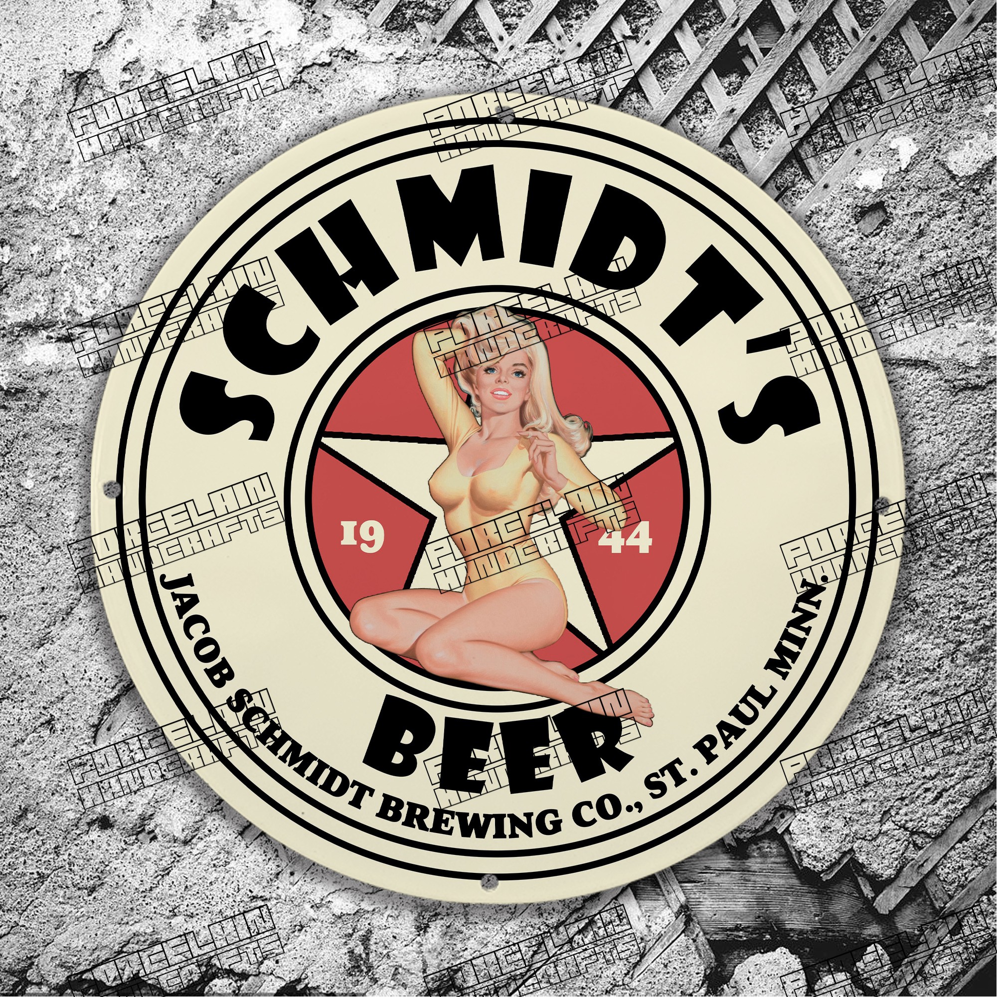 PINUP SCHMIDT'S BEER 1944 PORCELAIN SIGN