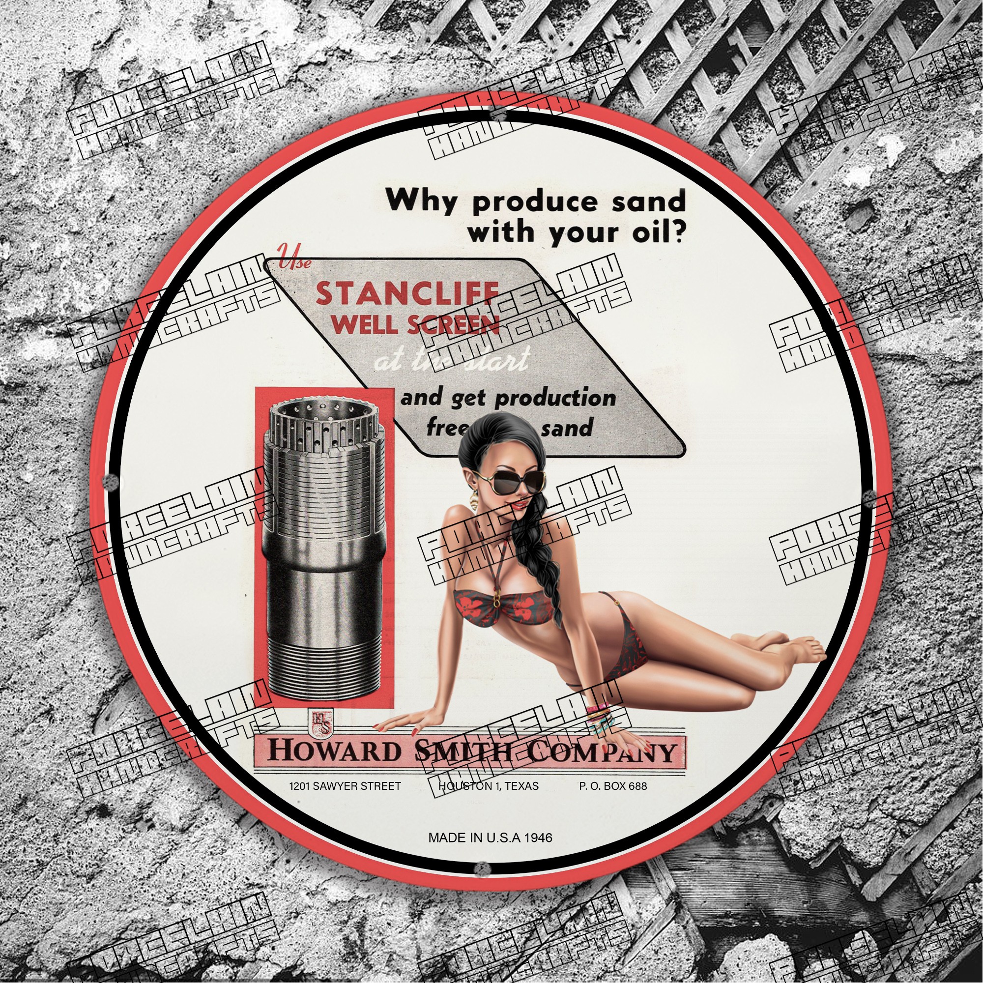 PINUP 1946 HOWARD SMITH STANCLIFF WELL SCREEN PORCELAIN SIGN