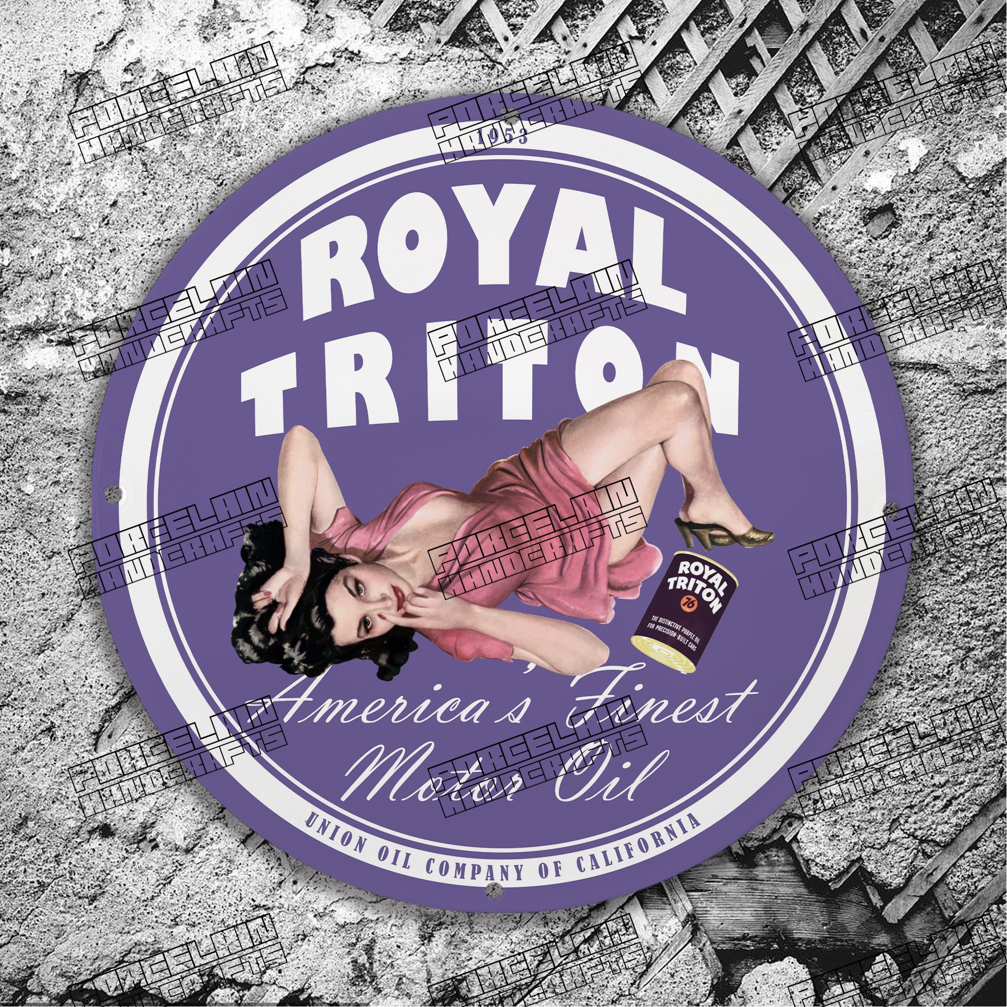 PINUP ROYAL 1953 TRITON MOTOR OIL PORCELAIN SIGN