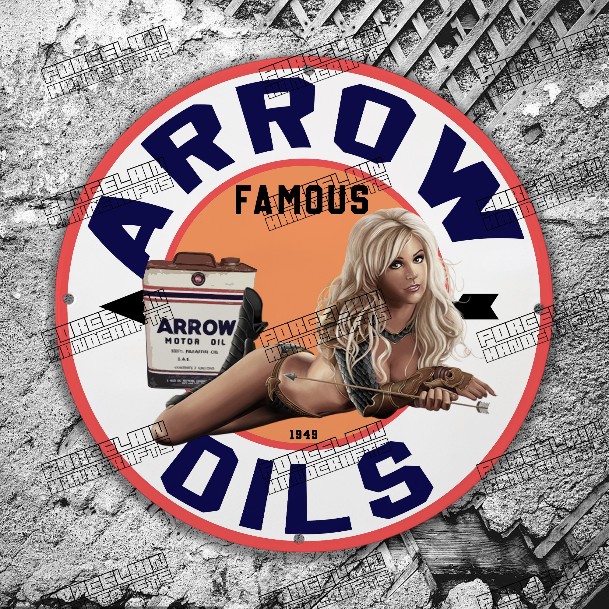PINUP ARROW FAMOUS MOTOR OIL 1949 PORCELAIN SIGN