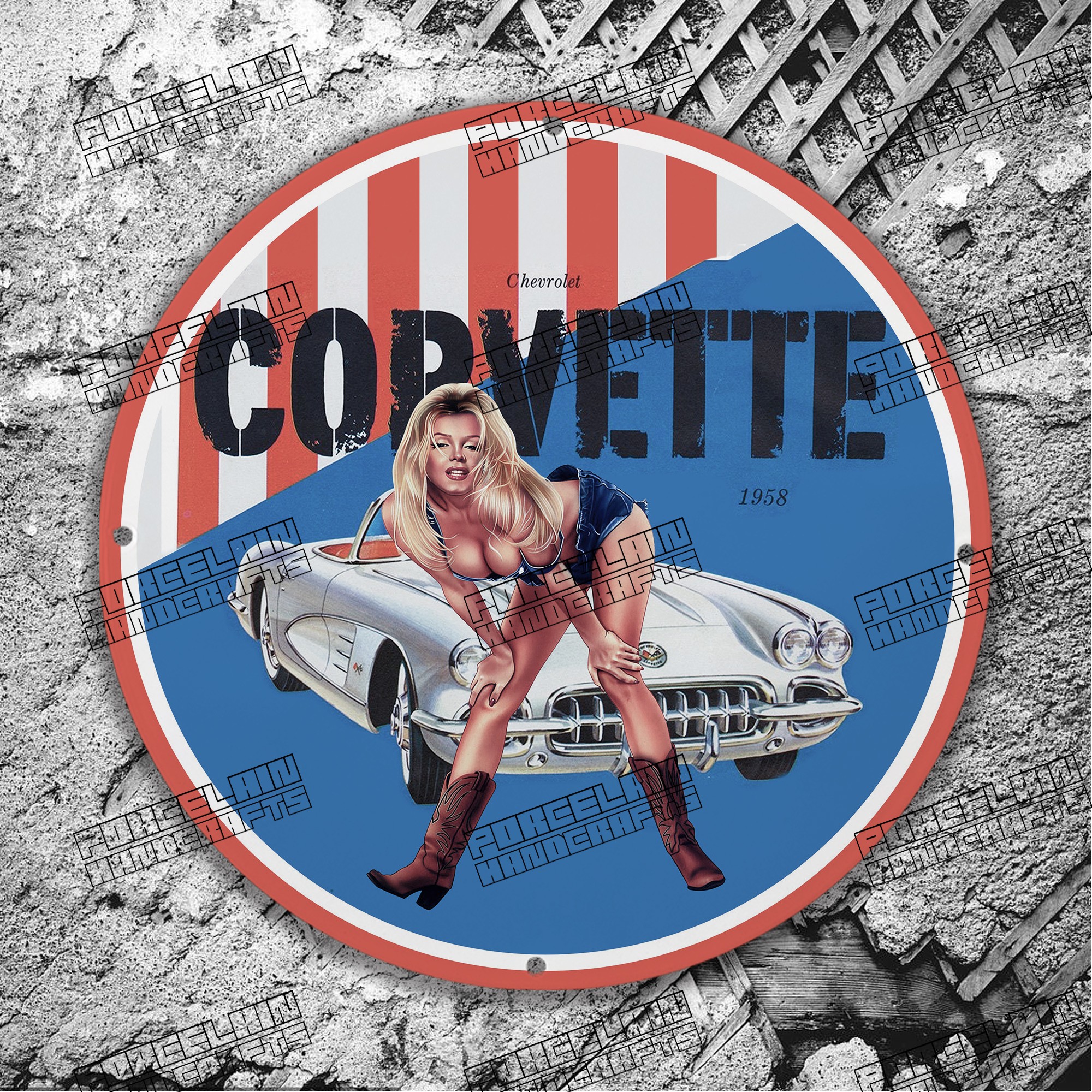PINUP 1958 CORVETTE BLUE CAR PORCELAIN SIGN